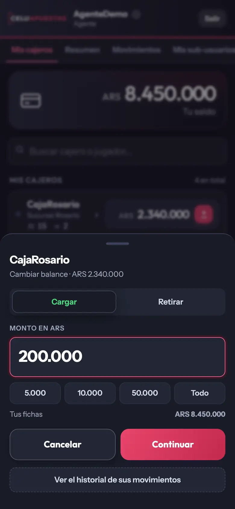 Panel de Celuapuestas: cargando fichas a una caja
