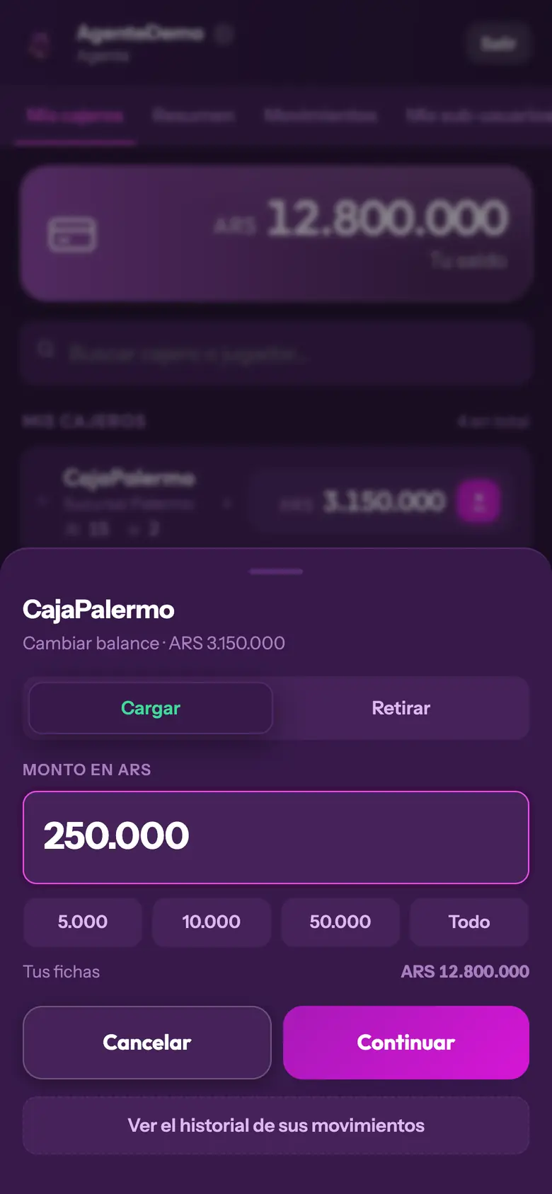 Panel de Ganamos: cargando fichas a una caja