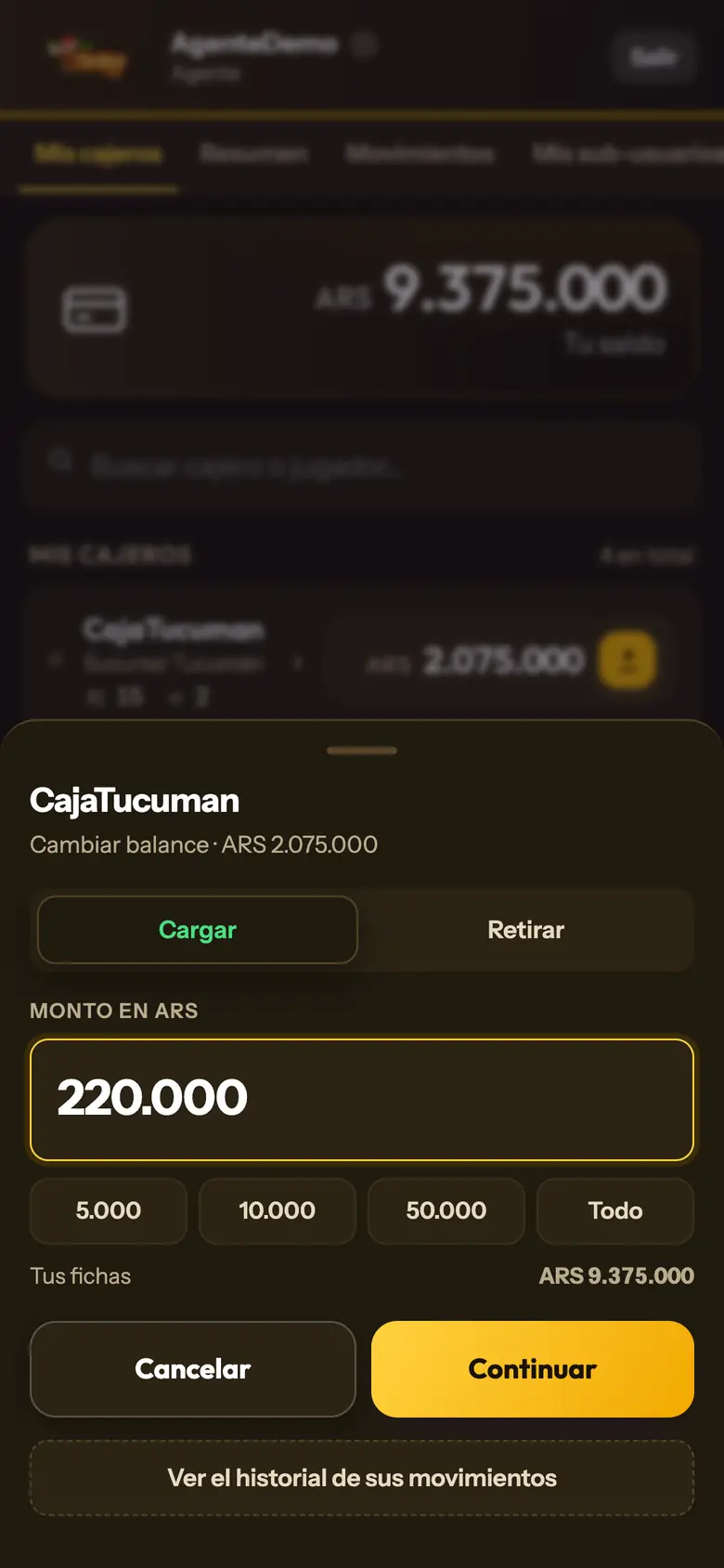 Cargar 25.000 fichas a un cajero