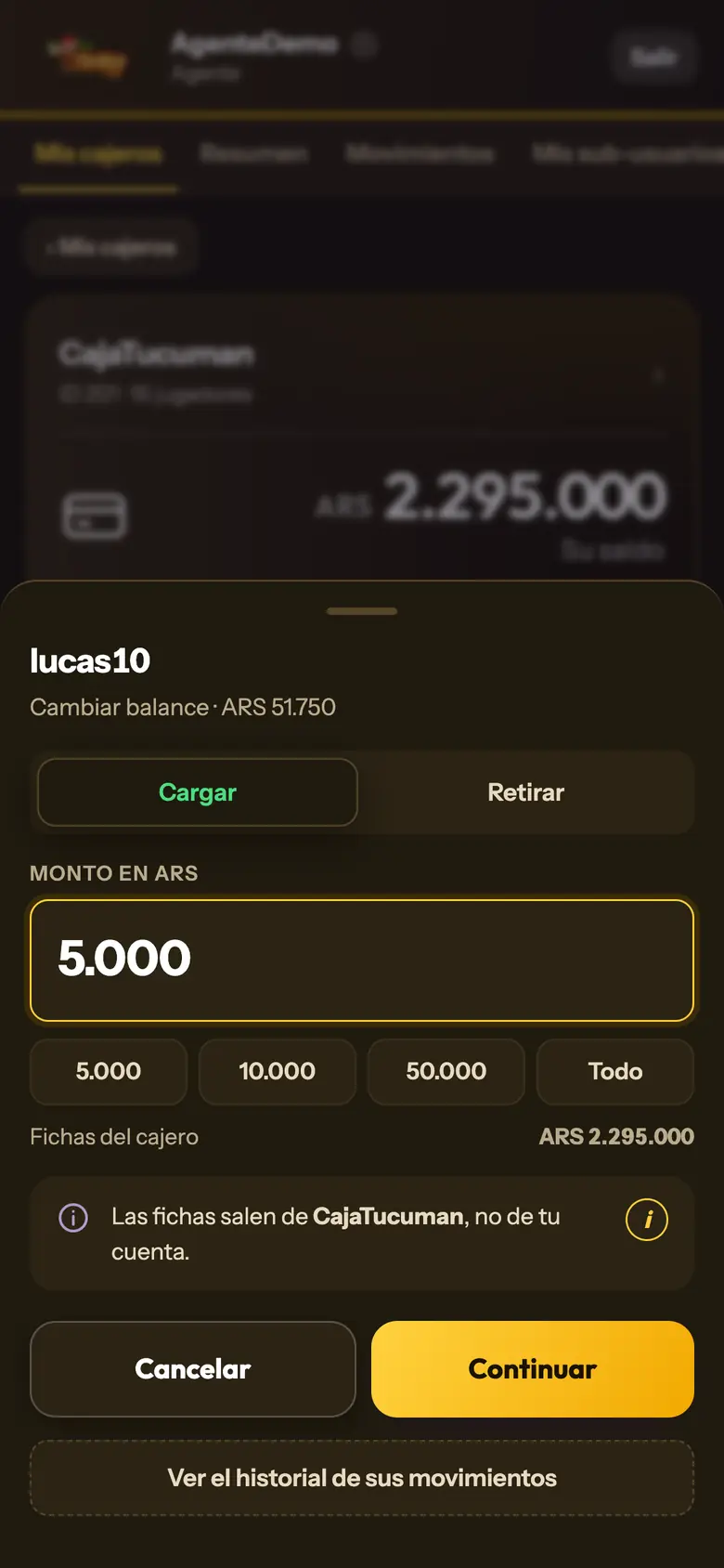 Cargar fichas a un jugador desde su cajero