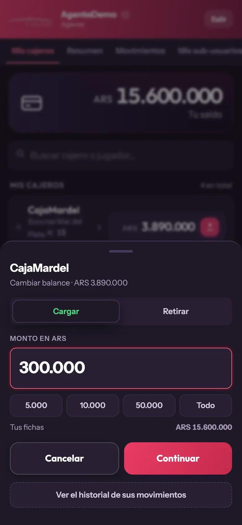 Panel de Casino Zeus: cargando fichas a una caja